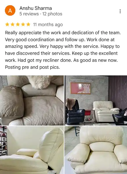 5-star review for leather sofa repair in South Delhi